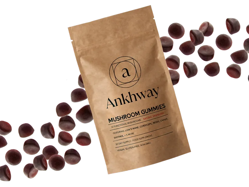 Ankhway Mushroom Gummies pack with gummies scattered around it