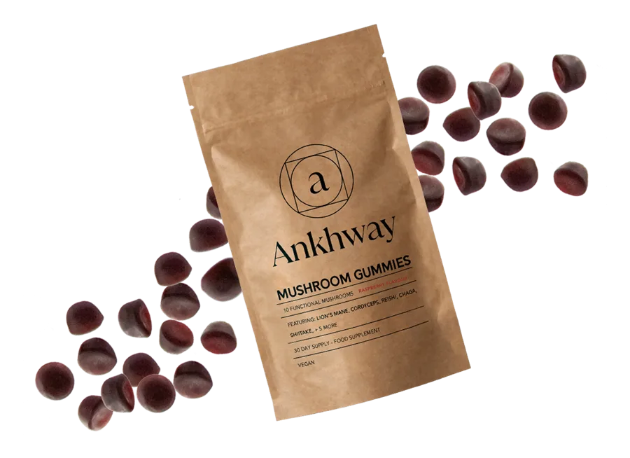 Ankhway Mushroom Gummies pouch with gummies